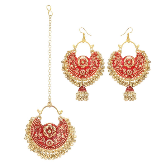 Generic Women's Gold Oxidized Earrings and  Maang Tikka-Red