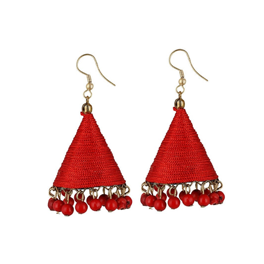 Generic Women's Thread Hook Dangler Hanging Jhumki Earrings-Red