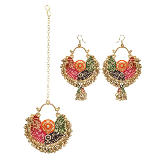 Generic Women's Gold Oxidized Earrings and  Maang Tikka-Multi