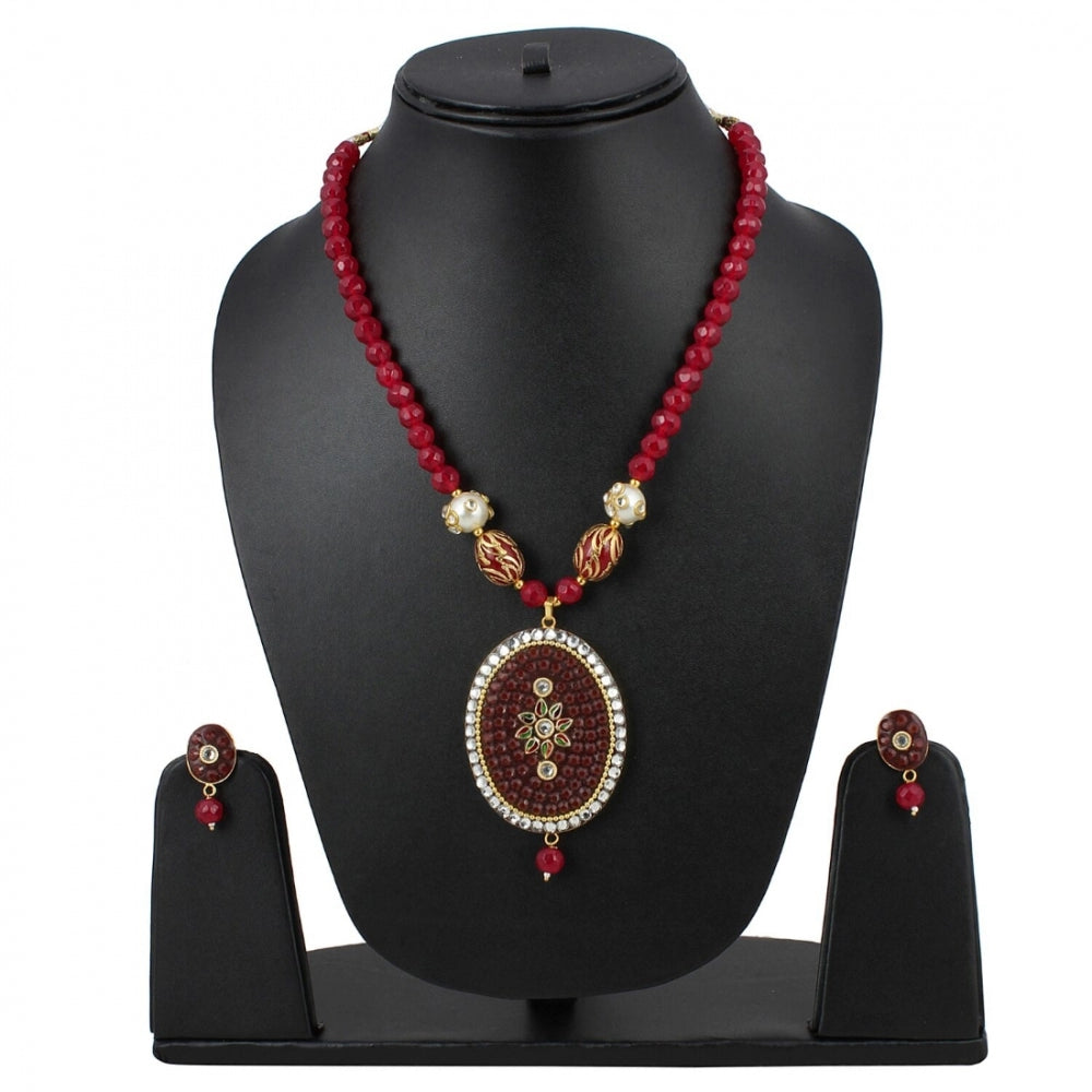 Generic Women's Stylish Maroon Golde Plated Traditional Kundan Necklace Set with Earrings (Color: Red)