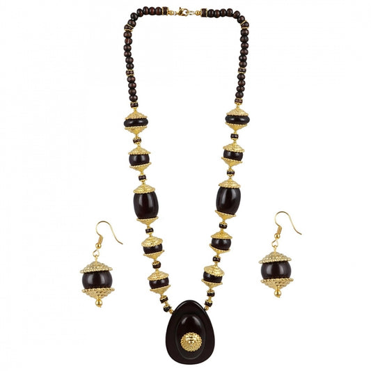 Generic Women's Designer Dark Brown and Golden Beads South Style Necklace (Color: Black)