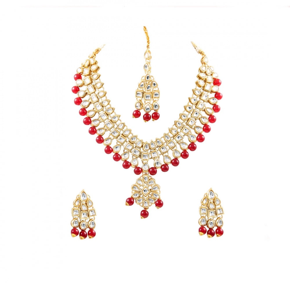 Generic Maroon Beads Gold Plated Kundan Necklace Set For Women