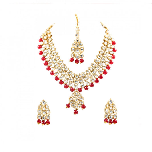 Generic Maroon Beads Gold Plated Kundan Necklace Set For Women