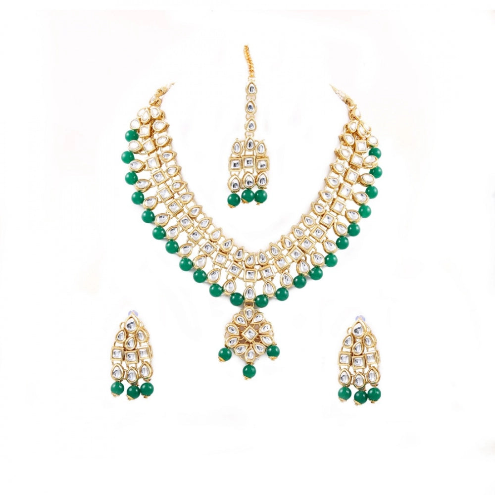 Generic Green Beads Gold Plated Kundan Necklace Set For Women