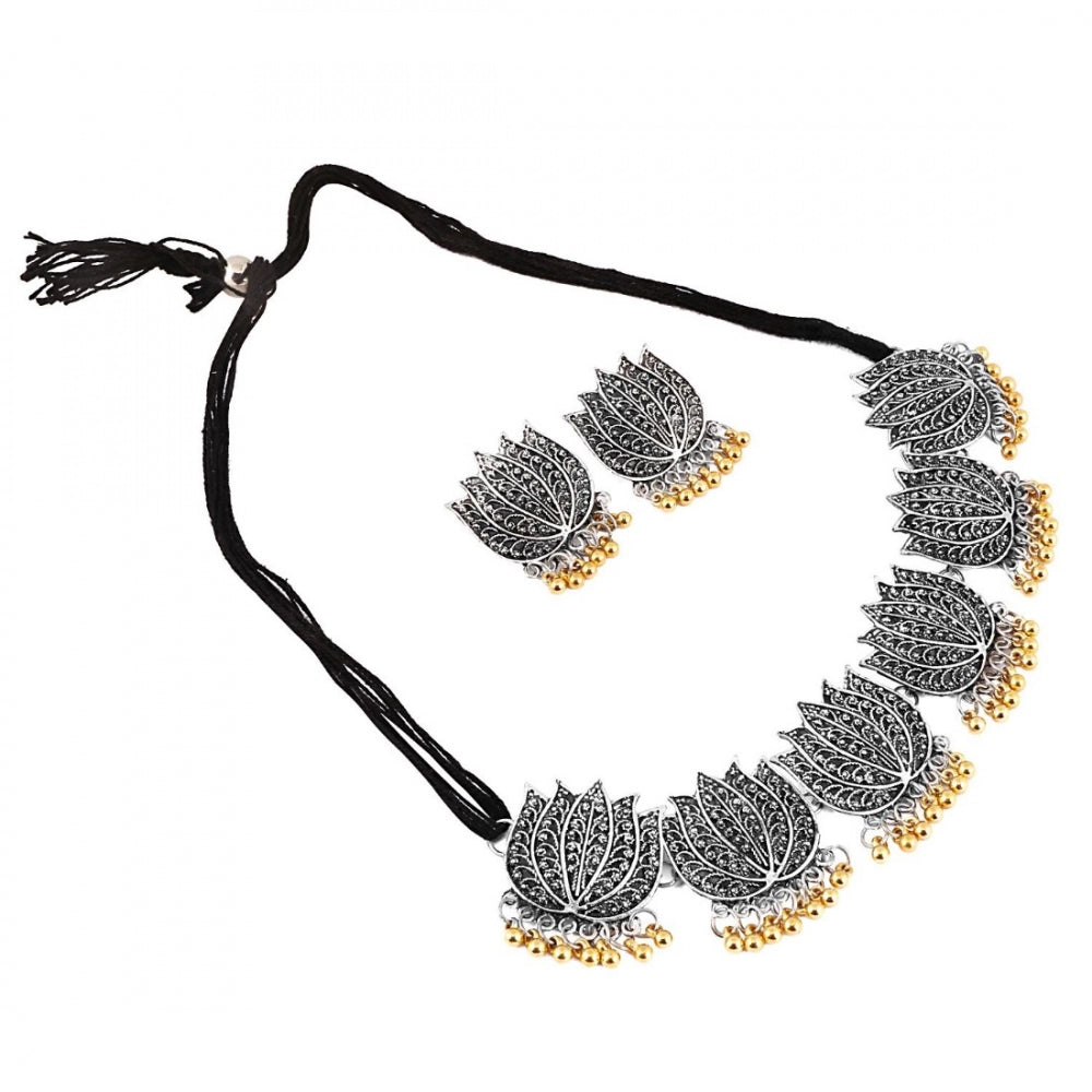 Generic Antique Silver Oxidised Plated Tribal Afghani Necklace With Earrings Set For Women