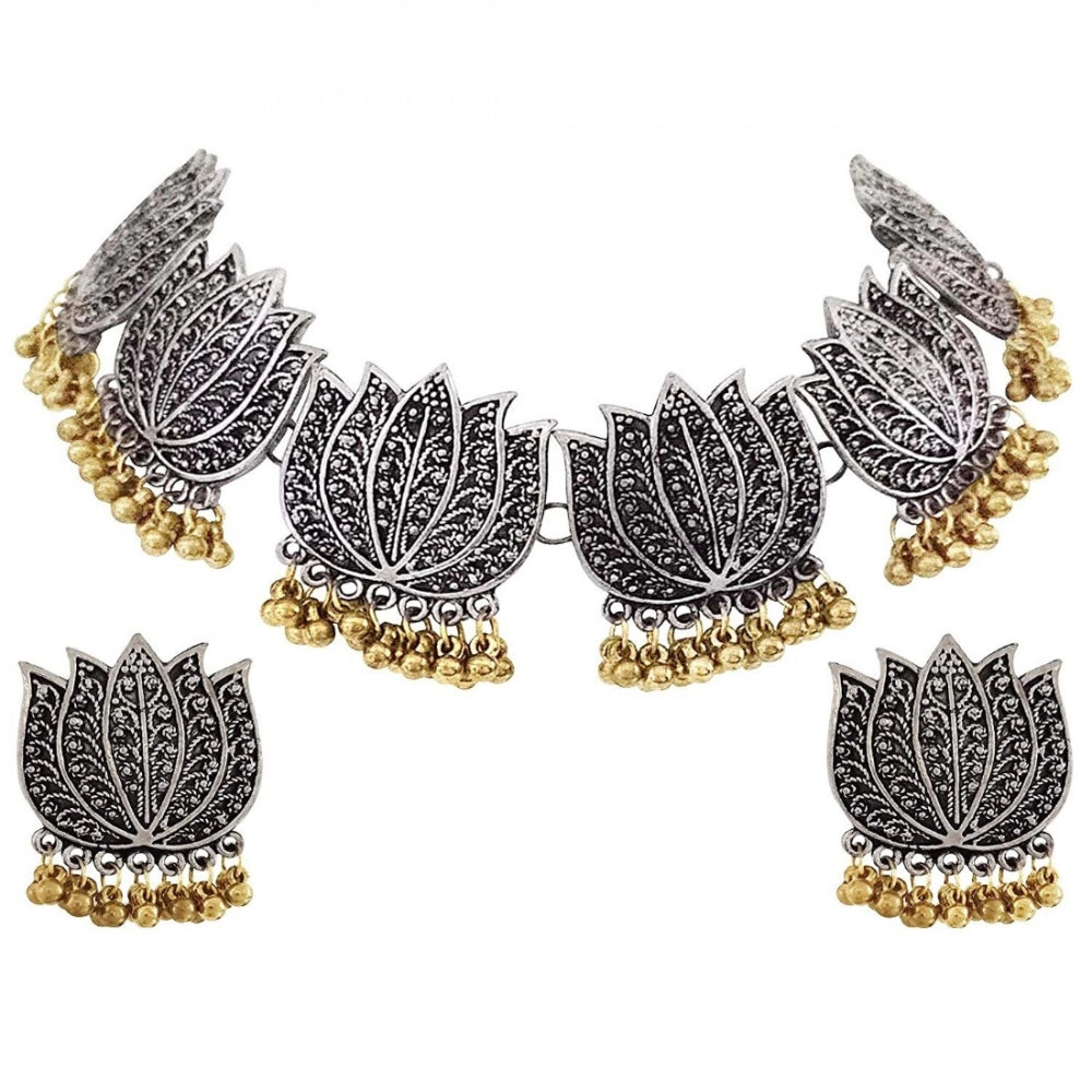 Generic Antique Silver Oxidised Plated Tribal Afghani Necklace With Earrings Set For Women