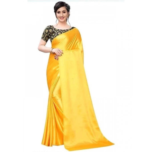 Generic Women's Satin Saree With Blouse (Yellow, 5-6mtrs)