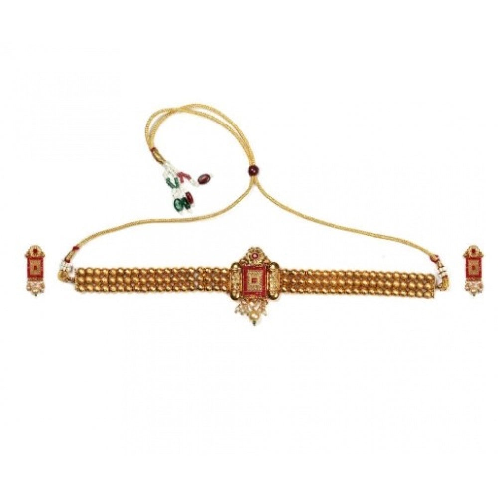 Generic Women's Elegent And Modern Gold Plated Chowker Set (Red, Free Size)