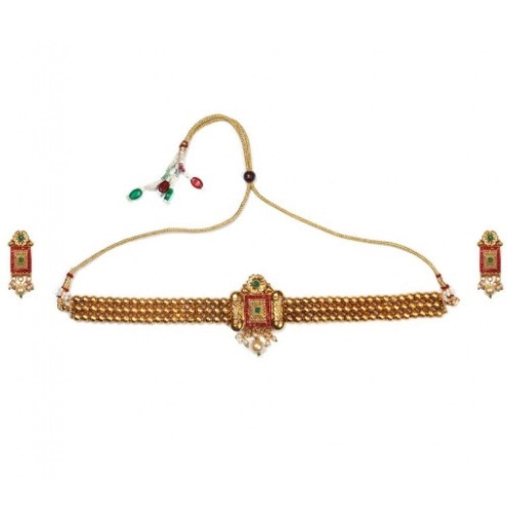 Generic Women's Elegent And Modern Gold Plated Chowker Set (Red And Green, Free Size)