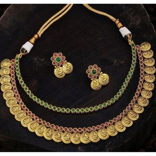 Generic Women's Ethnic Double Line Laxmi Coin Jewellery Set (Red And Green, Free Size)
