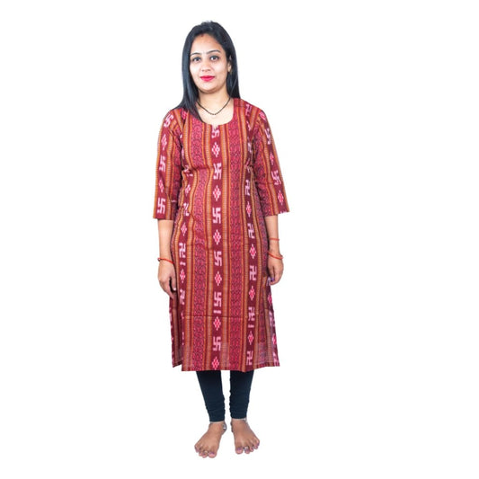 Generic Women's Sambalpuri Certified Handloom Pure Cotton Straight Kurti (Maroon)