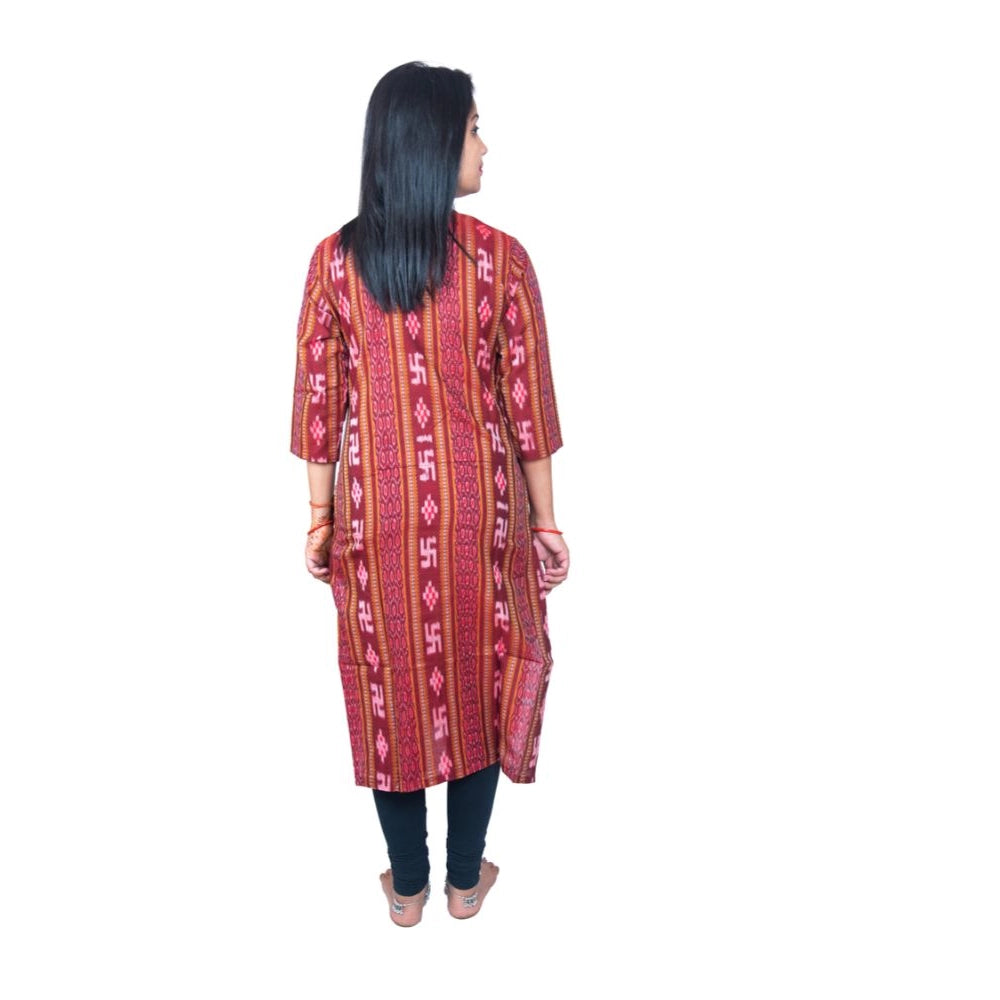 Generic Women's Sambalpuri Certified Handloom Pure Cotton Straight Kurti (Maroon)