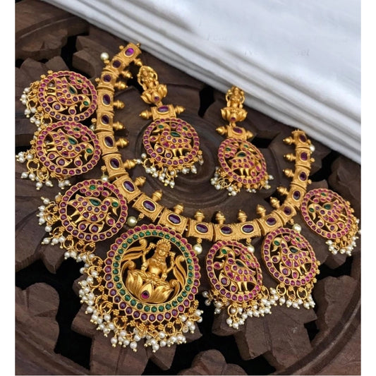 Generic Women's Goddess Glamour Gold Plated Temple Necklace and Jhumka Set (Multi Color, Free Size)