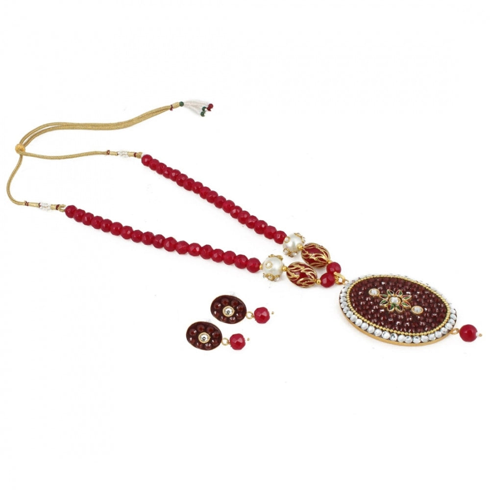 Generic Women's Stylish Maroon Golde Plated Traditional Kundan Necklace Set with Earrings (Color: Red)