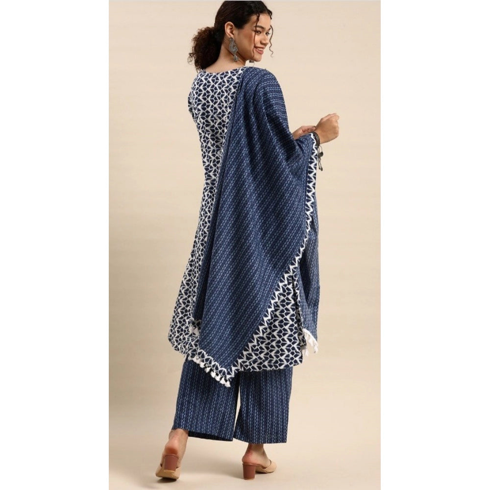 Generic Women's Cotton Blend Printed Work Kurti With Bottom And Dupatta Set (Blue)