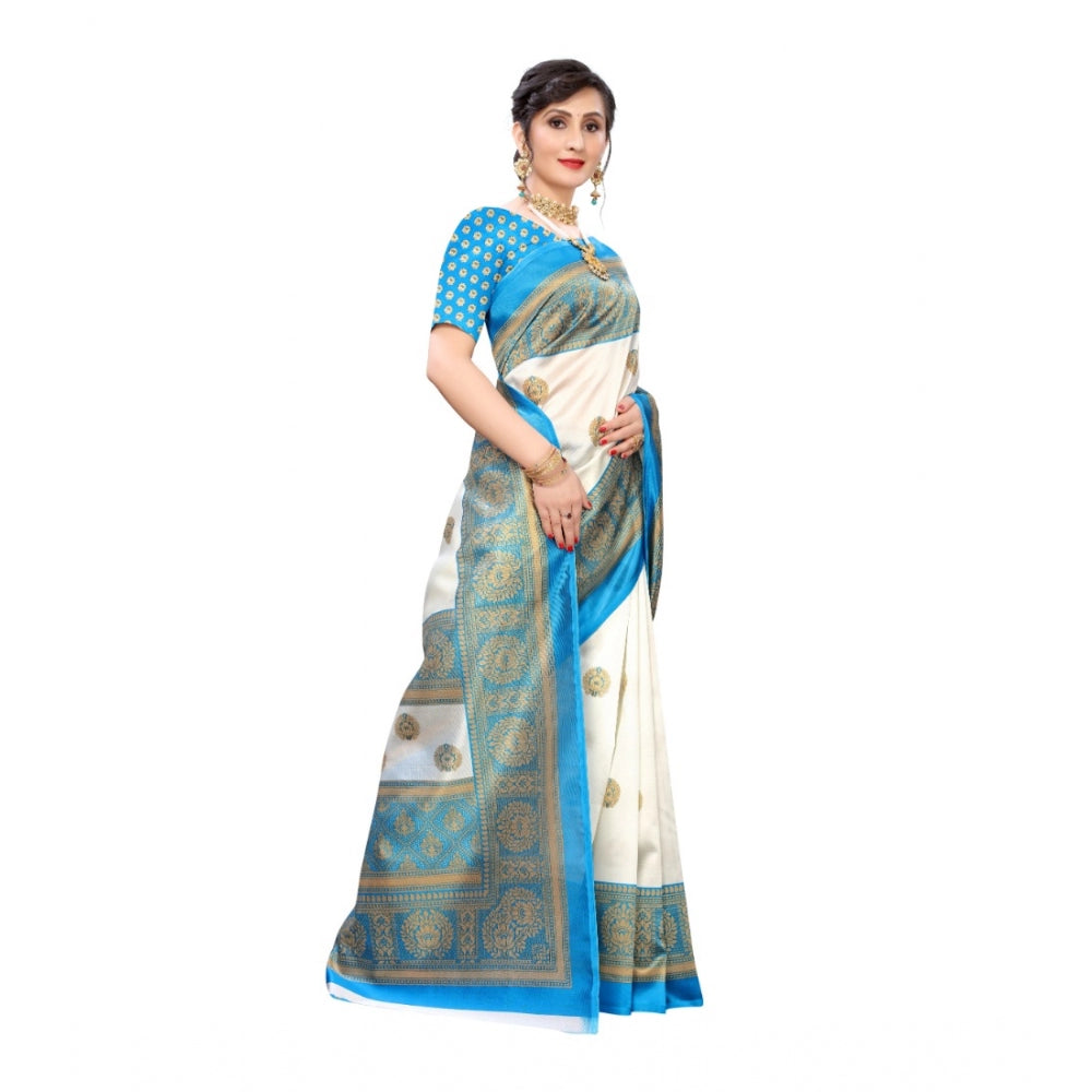 Generic Women's Art Silk Printed Saree With Unstitched Blouse (Blue, 5-6 Mtrs)
