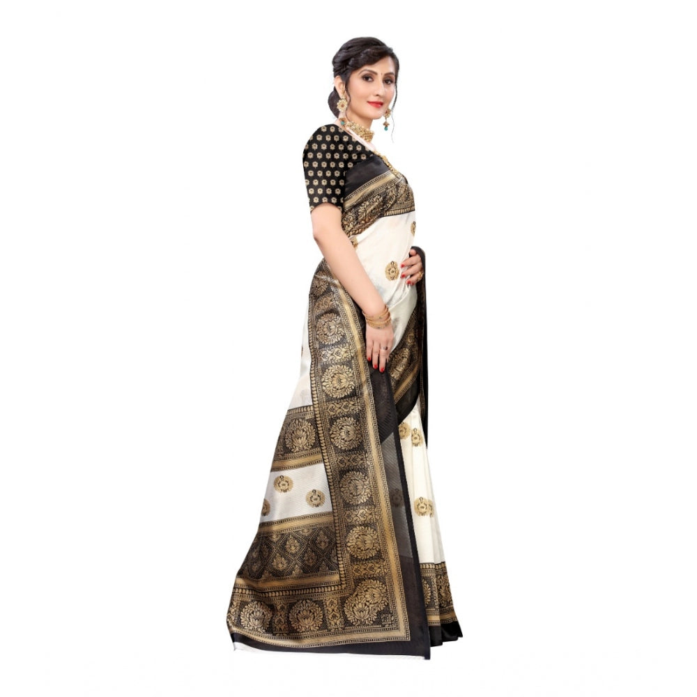 Generic Women's Art Silk Printed Saree With Unstitched Blouse (Black, 5-6 Mtrs)