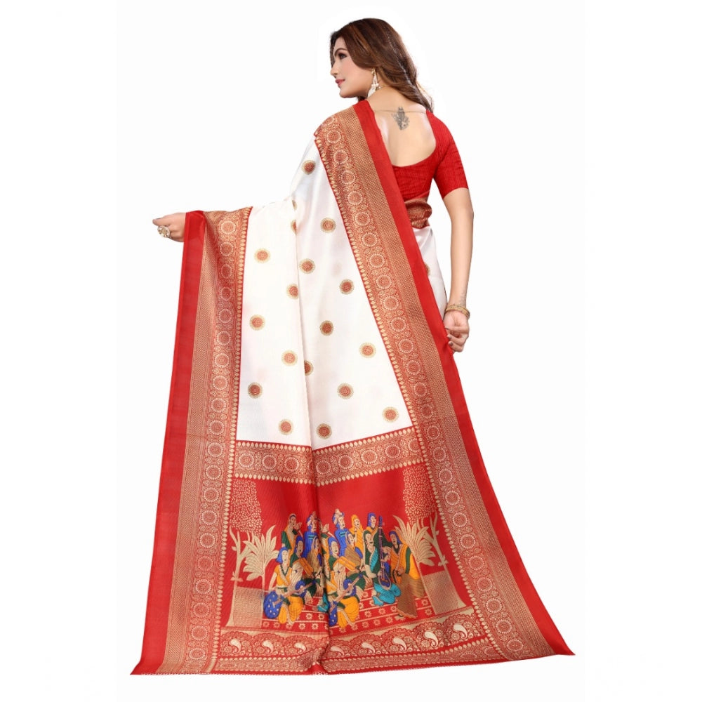Generic Women's Art Silk Printed Saree With Unstitched Blouse (Red, 5-6 Mtrs)