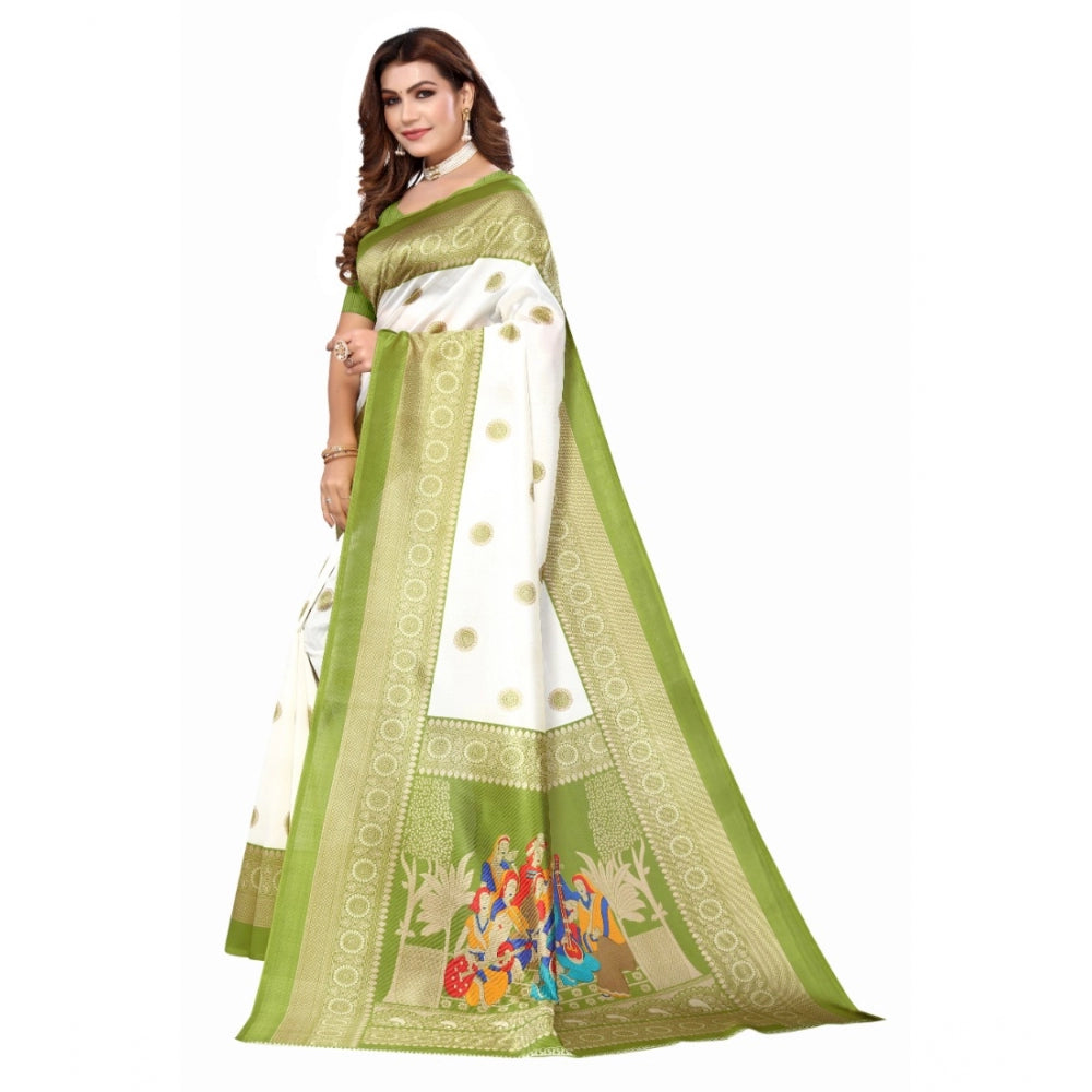 Generic Women's Art Silk Printed Saree With Unstitched Blouse (Green, 5-6 Mtrs)