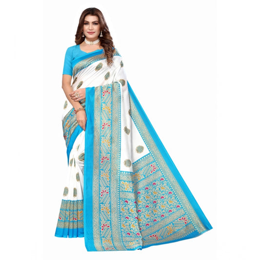 Generic Women's Art Silk Printed Saree With Unstitched Blouse (Blue, 5-6 Mtrs)