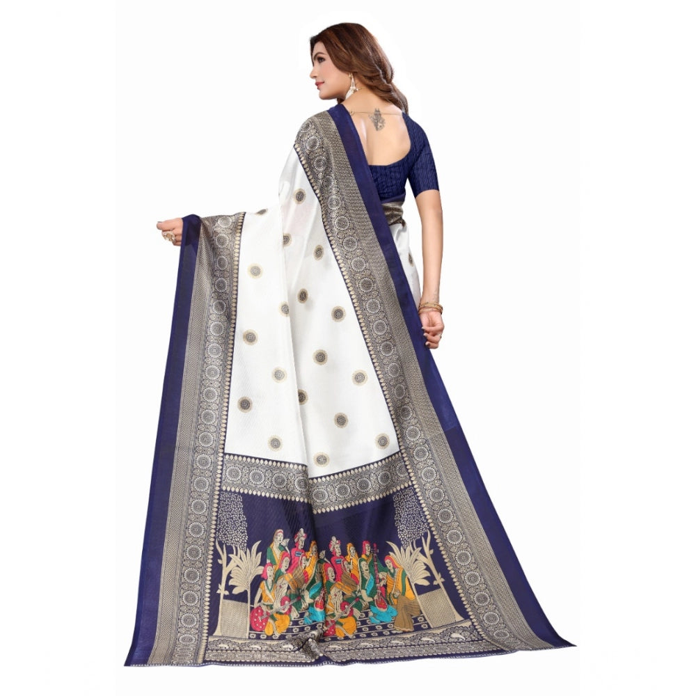 Generic Women's Art Silk Printed Saree With Unstitched Blouse (Navy Blue, 5-6 Mtrs)