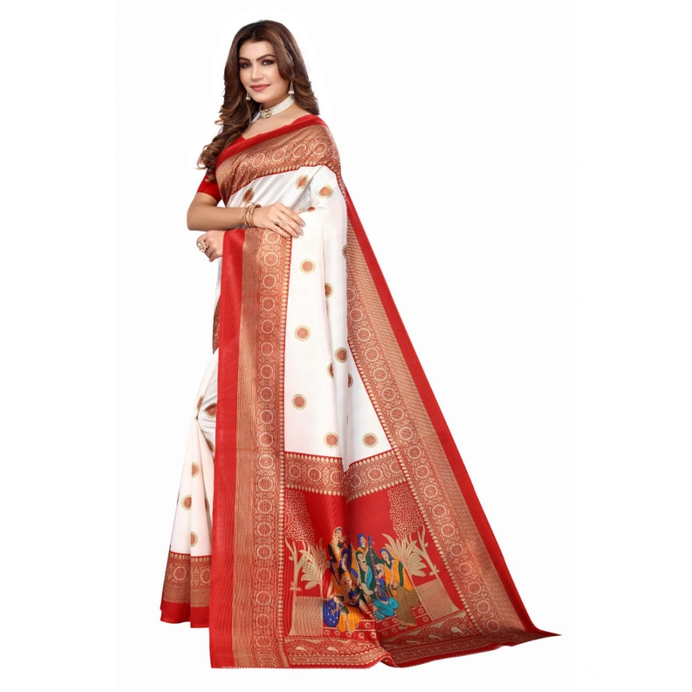 Generic Women's Art Silk Printed Saree With Unstitched Blouse (Red, 5-6 Mtrs)