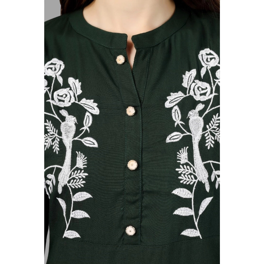 Generic Women's Embroidered Calf Length Rayon Kurti (Green)