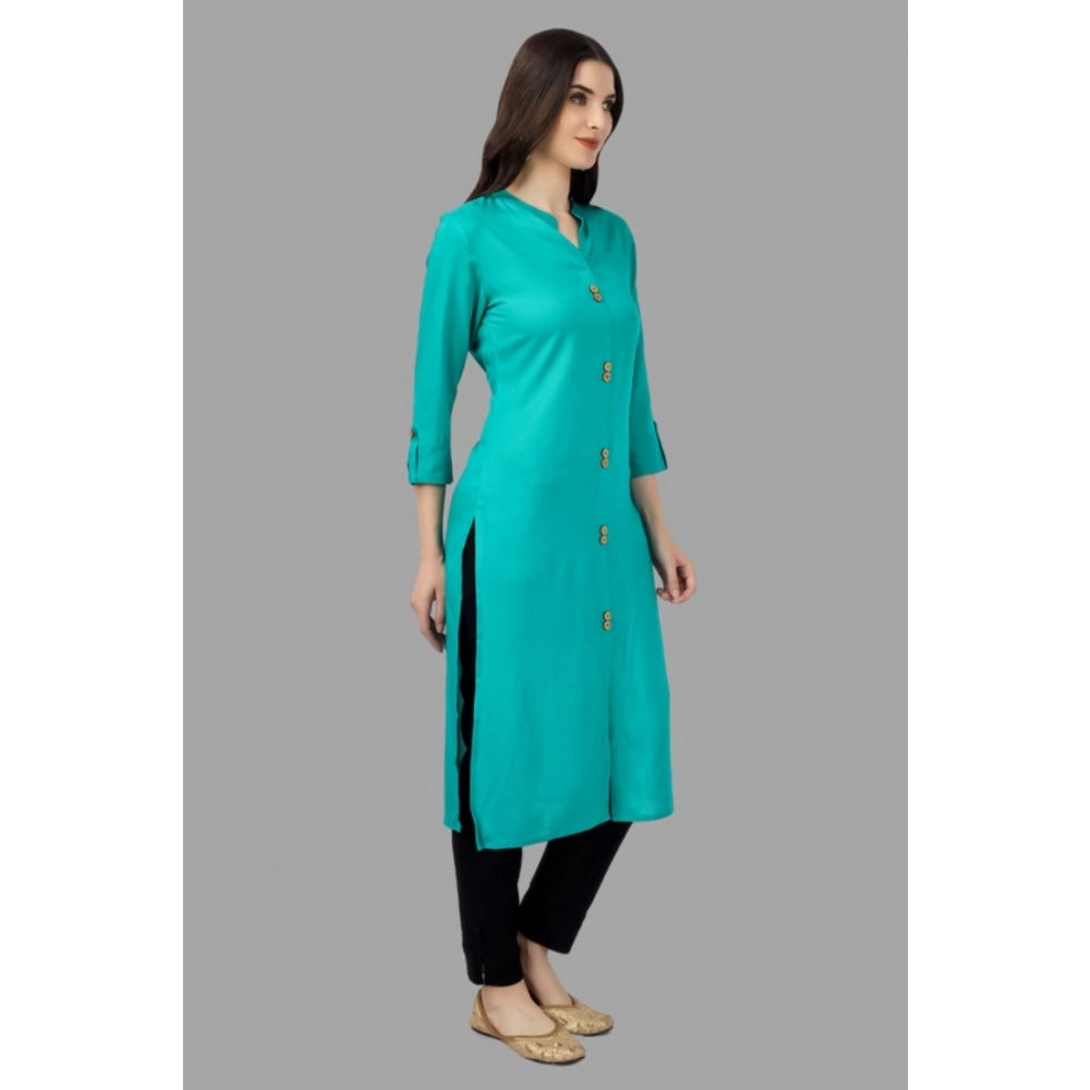 Generic Women's Solid Calf Length Rayon Kurti (Turquoise )
