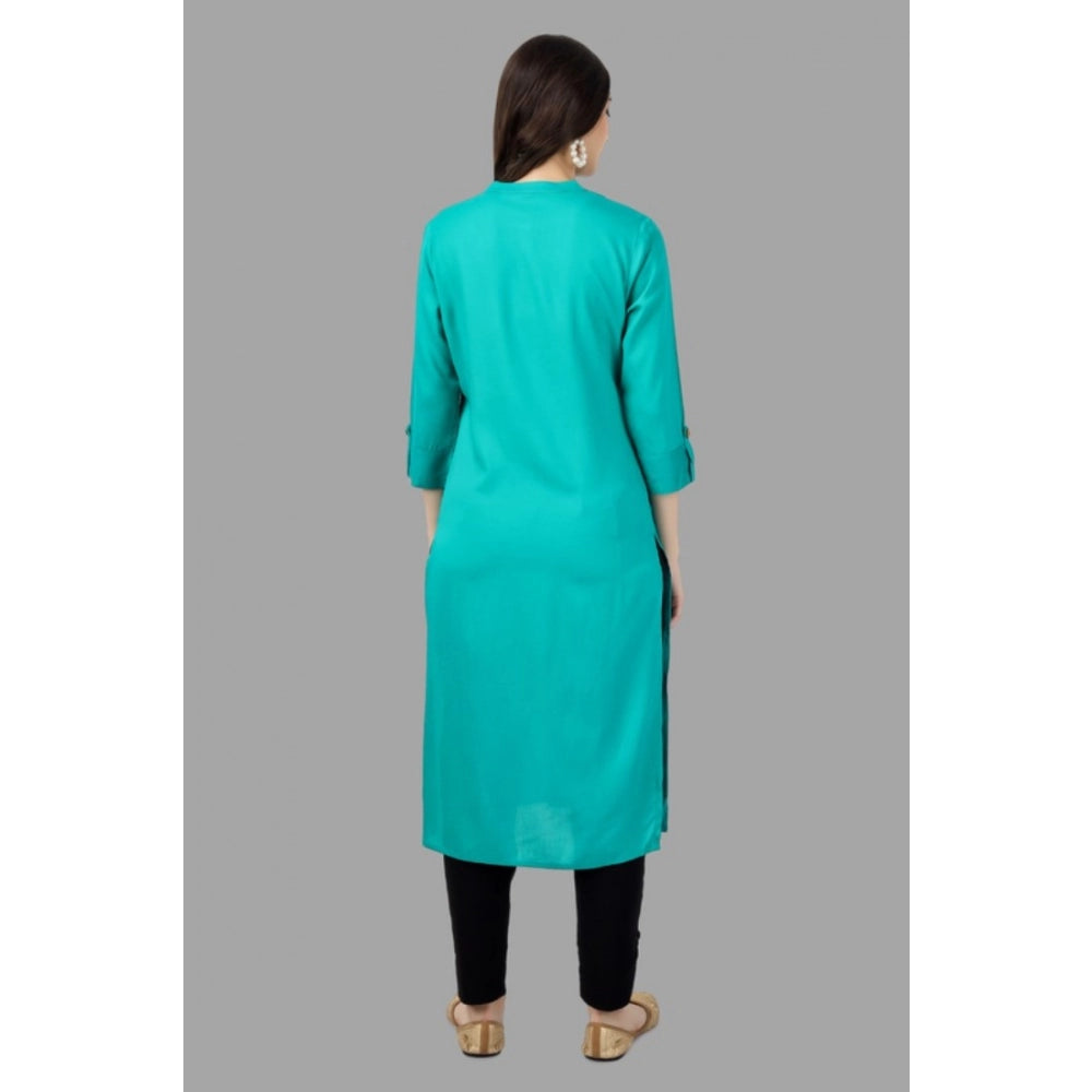 Generic Women's Solid Calf Length Rayon Kurti (Turquoise )