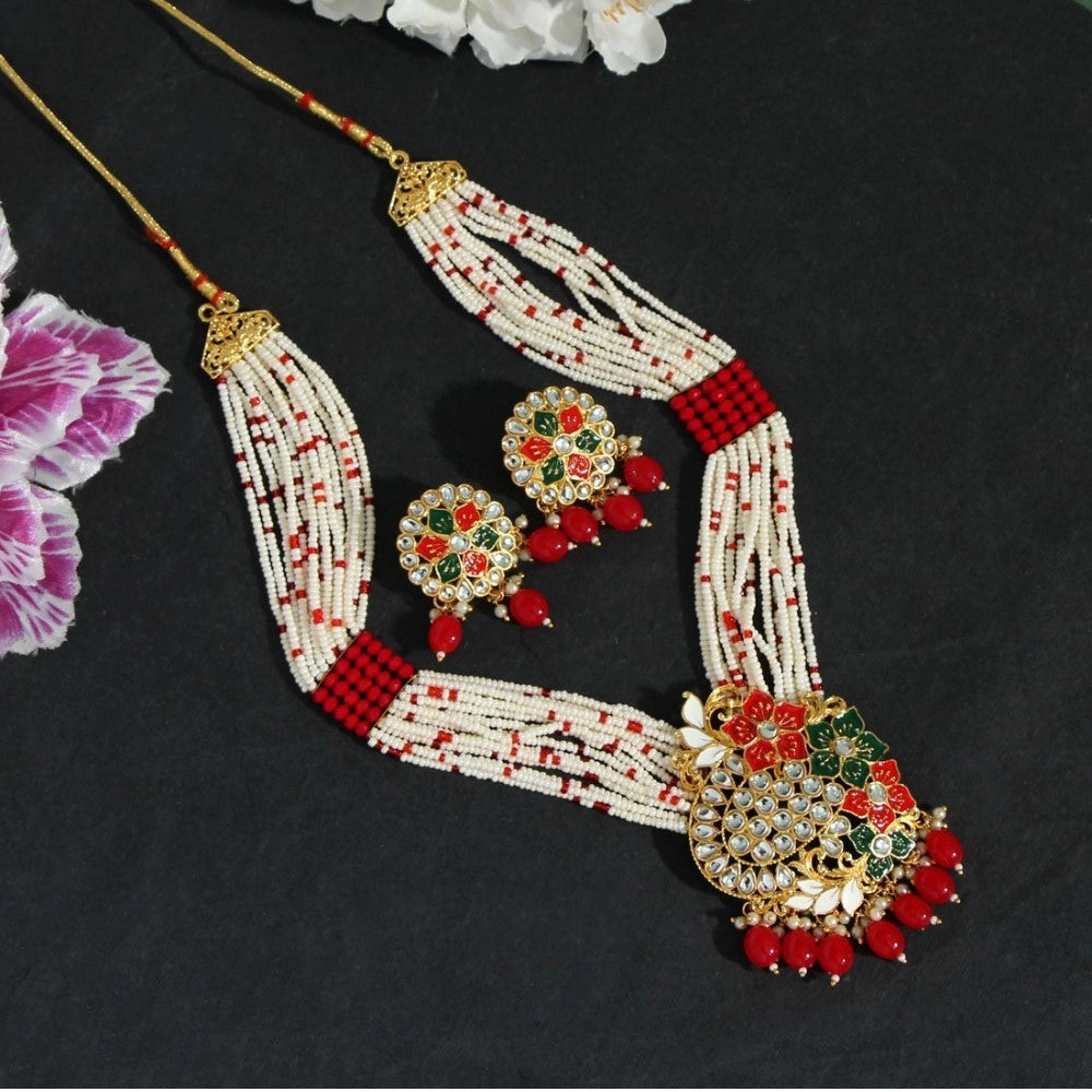 Generic Women's Red Color Long Meenakari Necklace Set