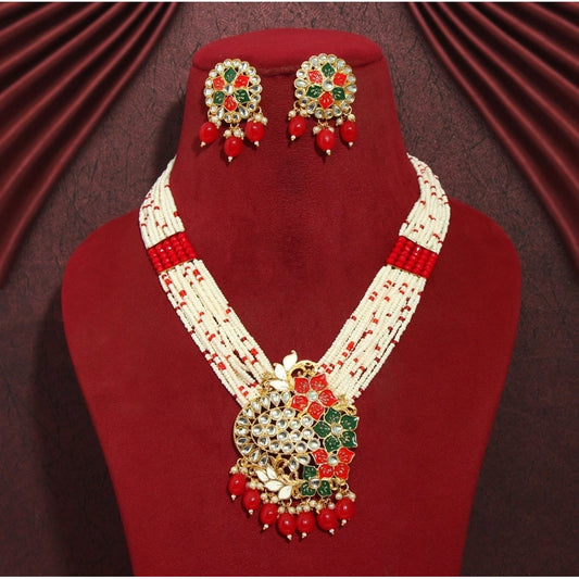 Generic Women's Red Color Long Meenakari Necklace Set