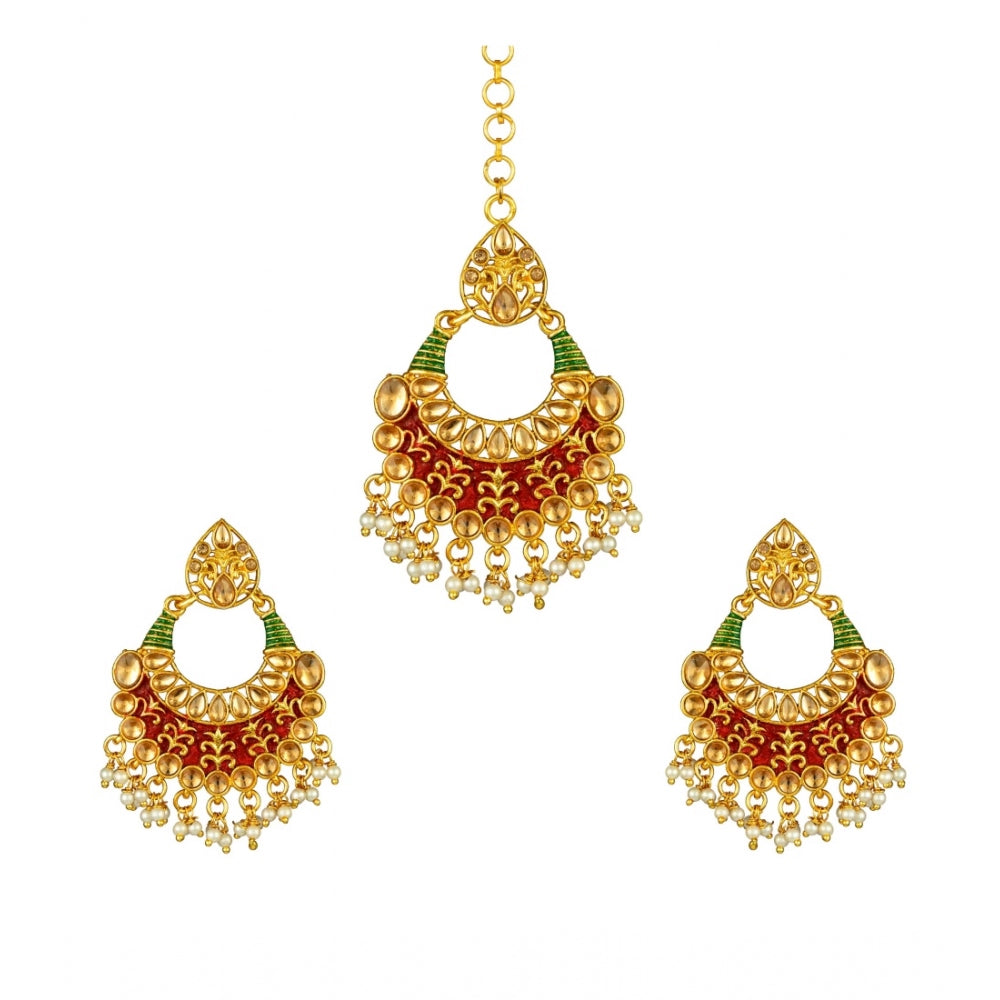 Generic Women's Rose Gold Plated Alloy Kundan Earrings &amp; Mangtikka (Red &amp; Green)