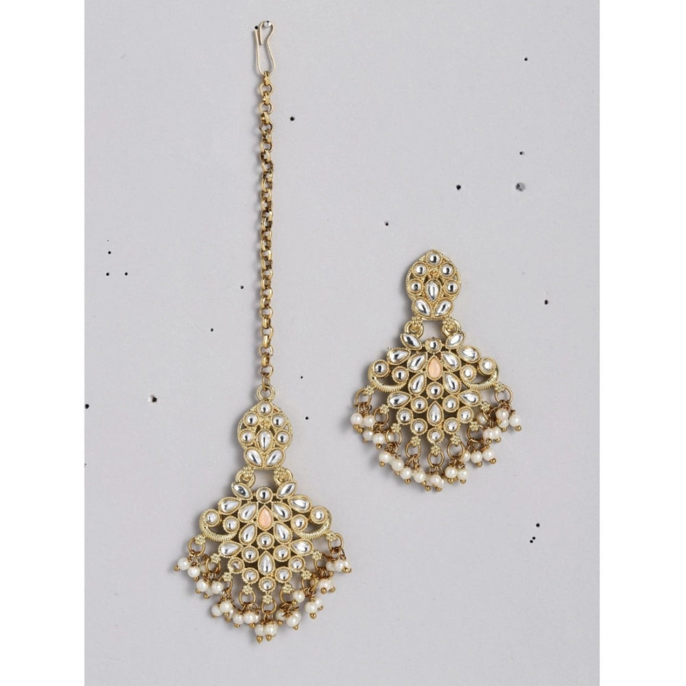 Generic Women's Rose Gold Plated Alloy Kundan Earrings &amp; Mangtikka (White)