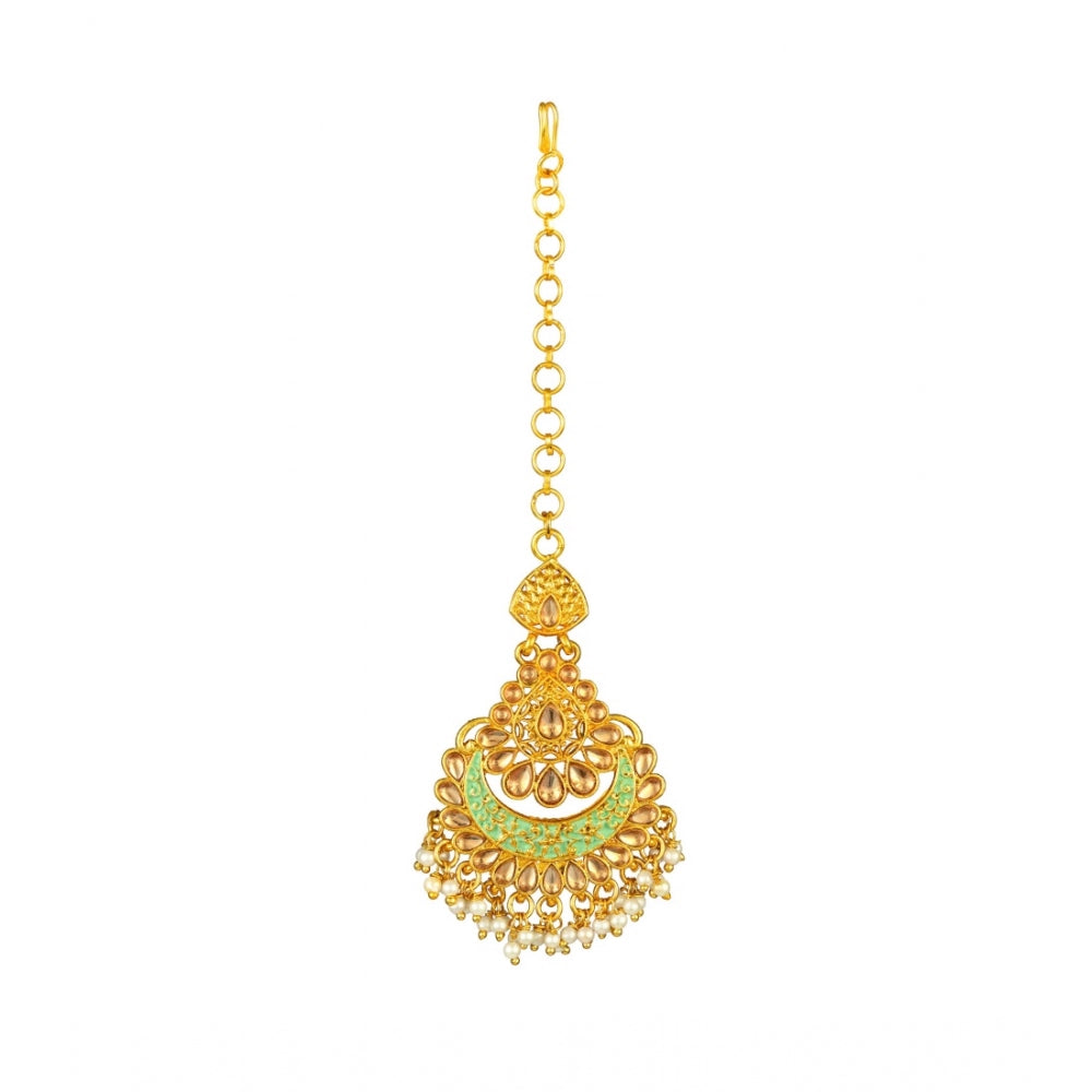 Generic Women's Rose Gold Plated Alloy Kundan Earrings &amp; Mangtikka (Green)