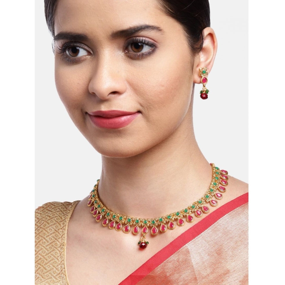 Generic Women's Rose Gold Plated Alloy Necklace &amp; Earings Set (Green &amp; Red)