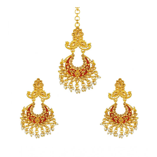 Generic Women's Rose Gold Plated Alloy Kundan Earrings &amp; Mangtikka (Maroon)