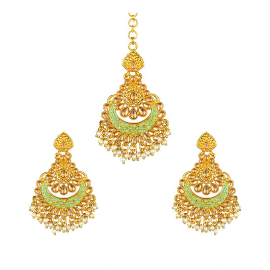 Generic Women's Rose Gold Plated Alloy Kundan Earrings &amp; Mangtikka (Green)