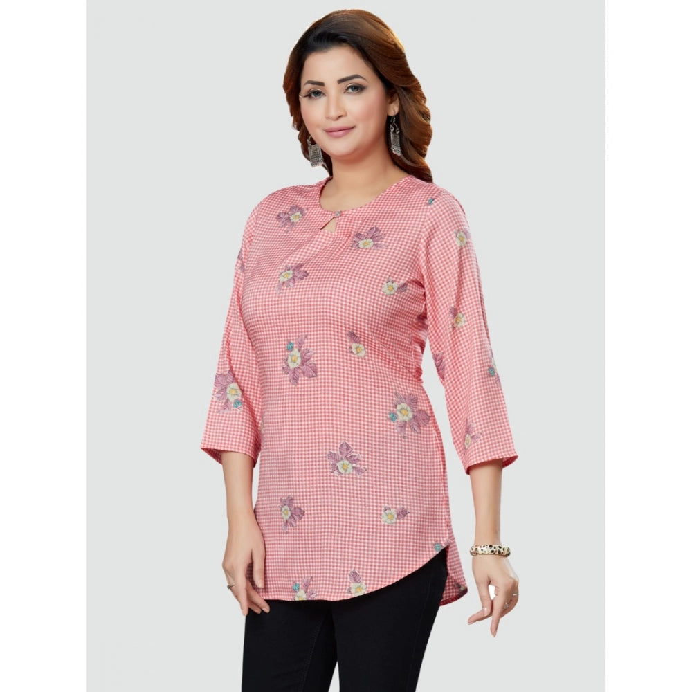 Generic Women's Casual 3/4 Sleeves Printed Rayon Short Top (Pink)