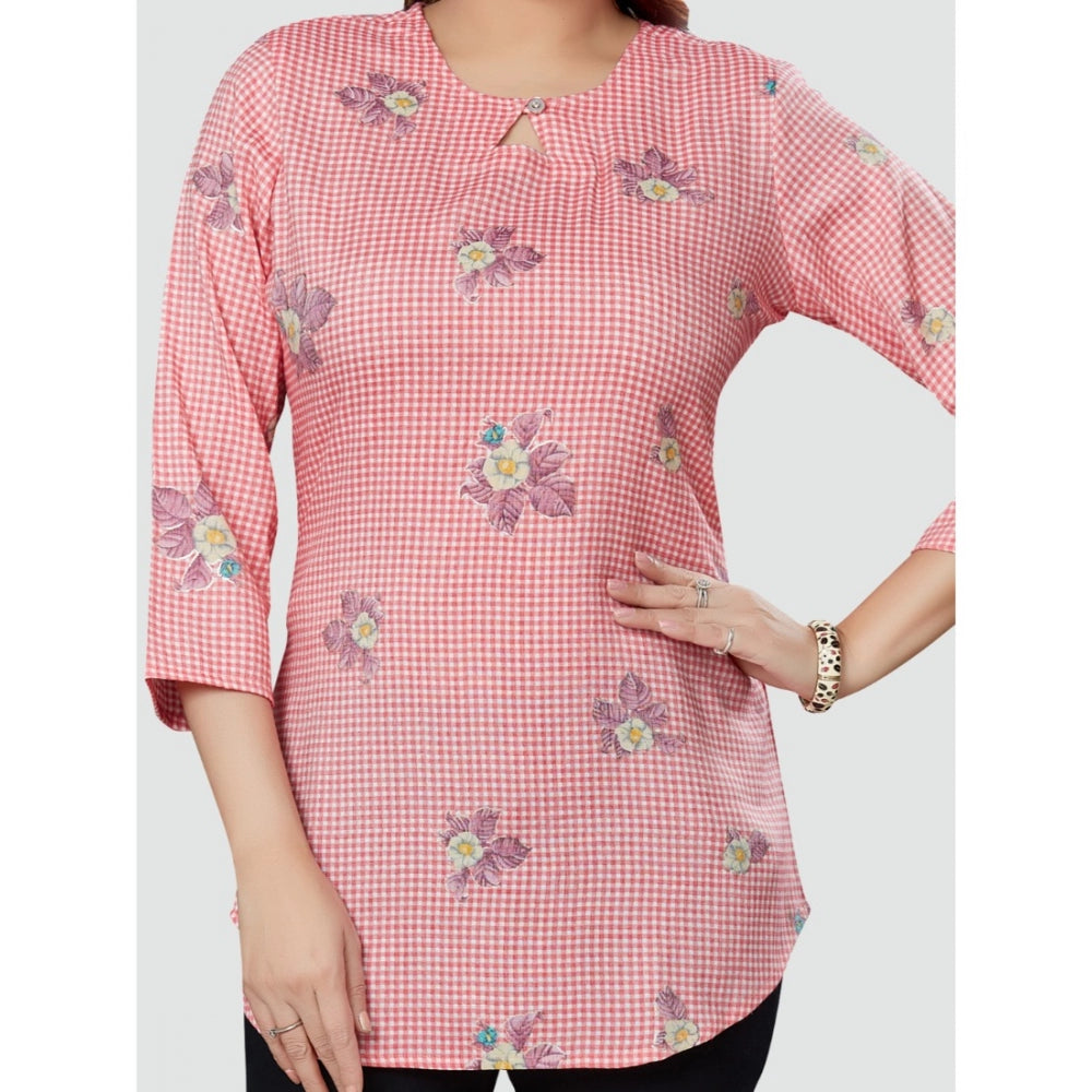 Generic Women's Casual 3/4 Sleeves Printed Rayon Short Top (Pink)