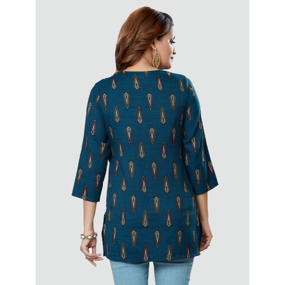 Generic Women's Casual 3/4 Sleeves Printed Rayon Short Top (Blue)