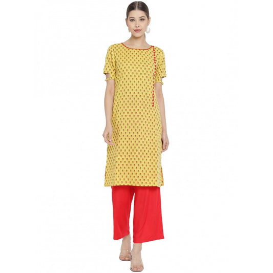 Generic Women's Casual Short Sleeves Floral Printed Cotton &amp; Rayon Kurti Palazzo Set (Yellow &amp; Red)