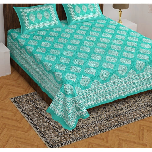 Generic Cotton Printed Queen Size Bedsheet With 2 Pillow Covers (Sea Green, 90x100 Inch)