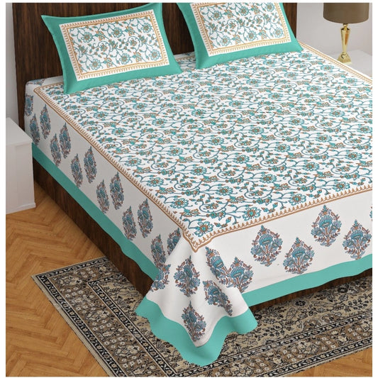 Generic Cotton Printed Queen Size Bedsheet With 2 Pillow Covers (Sea Green, 90x100 Inch)
