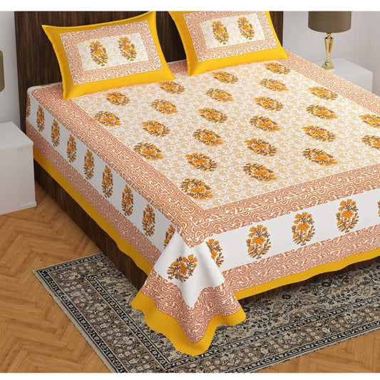 Generic Cotton Printed Queen Size Bedsheet With 2 Pillow Covers (Mustard, 90x100 Inch)