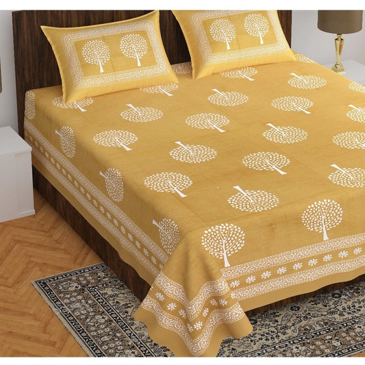 Generic Cotton Printed Queen Size Bedsheet With 2 Pillow Covers (Mustard, 90x100 Inch)