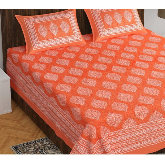 Generic Cotton Printed Queen Size Bedsheet With 2 Pillow Covers (Orange, 90x100 Inch)