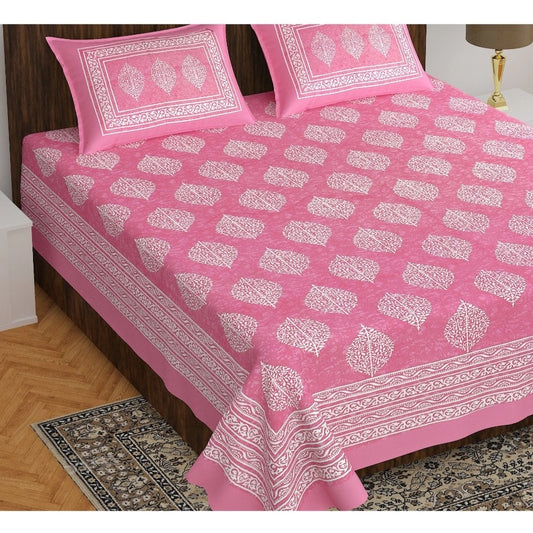 Generic Cotton Printed Queen Size Bedsheet With 2 Pillow Covers (Pink, 90x100 Inch)