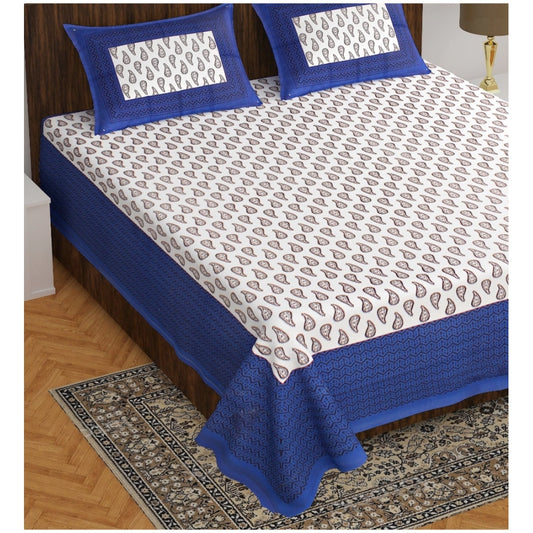 Generic Cotton Printed Queen Size Bedsheet With 2 Pillow Covers (Blue, 90x100 Inch)