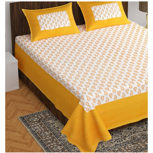 Generic Cotton Printed Queen Size Bedsheet With 2 Pillow Covers (Yellow, 90x100 Inch)