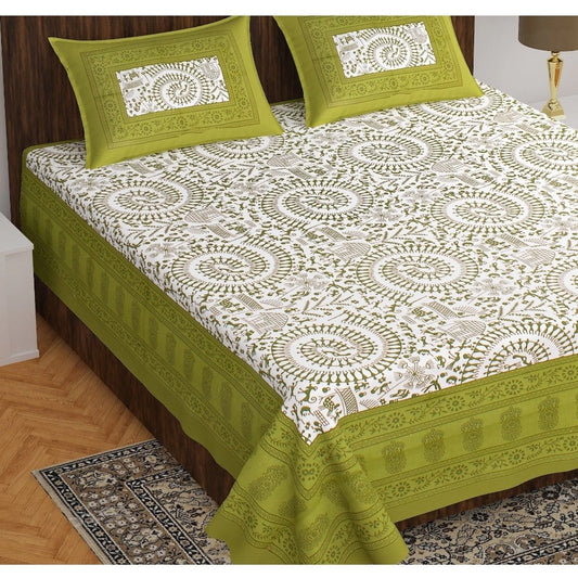 Generic Cotton Printed Queen Size Bedsheet With 2 Pillow Covers (Green, 90x100 Inch)